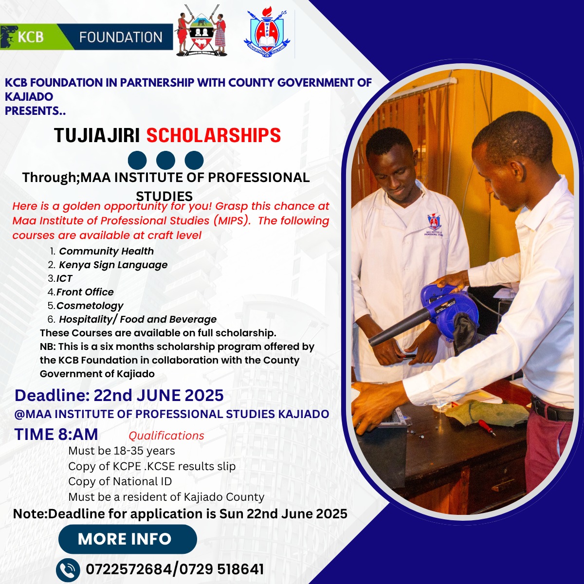 Exciting Opportunity Tujiajiri Scholarships in Kajiado Exciting Opportunity: Tujiajiri Scholarships in Kajiado, Tujiajiri Scholarships, KCB Foundation, County Government of Kajiado, MAA Institute of Professional Studies, Scholarships 2025, Community Health, Kenya Sign Language, ICT, Front Office, Cosmetology, Hospitality, Food and Beverage, Kajiado County, Youth Empowerment, Professional Studies, Application Deadline, KCPE/KCSE Results, National ID, Career Opportunities, Skill Training