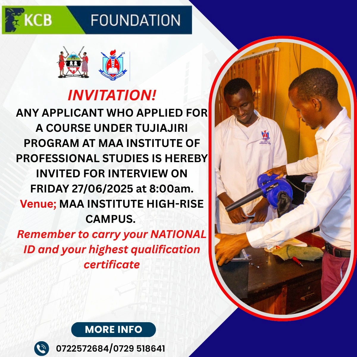 Tujiajiri program 2025, MAA Institute interviews, KCB Foundation Kenya, vocational training in Kenya, youth empowerment programs